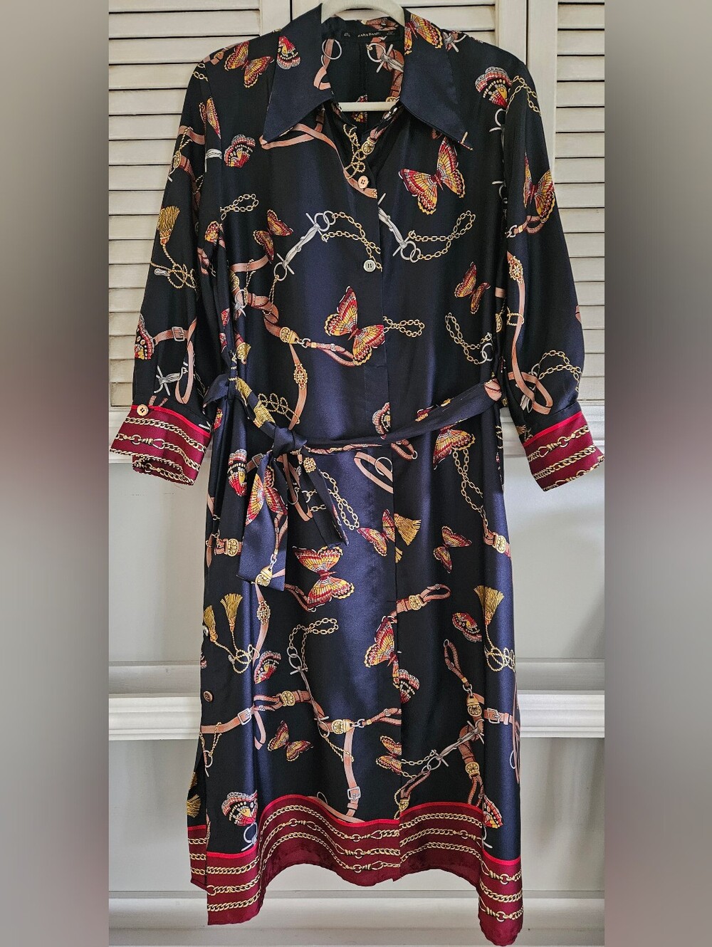 Zara Navy Chain Butterfly Print Belted Midi Shirt Dress L